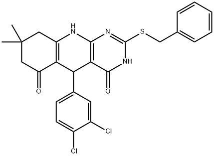 2-(benzylsulfanyl)-5-(3,4-dichlorophenyl)-8,8-dimethyl-5,8,9,10-tetrahydropyrimido[4,5-b]quinoline-4,6(3H,7H)-dione 구조식 이미지