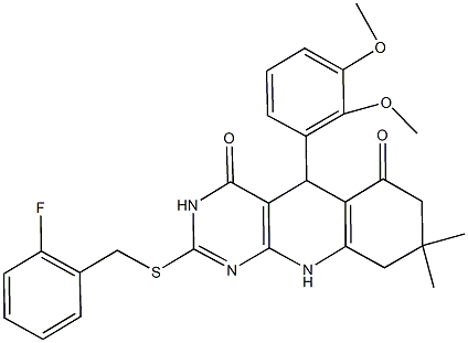 5-(2,3-dimethoxyphenyl)-2-[(2-fluorobenzyl)sulfanyl]-8,8-dimethyl-5,8,9,10-tetrahydropyrimido[4,5-b]quinoline-4,6(3H,7H)-dione Structure