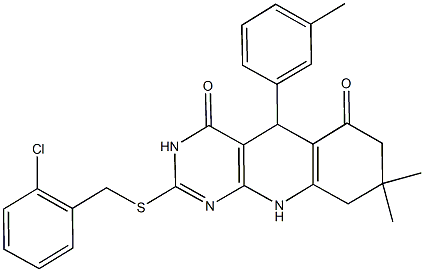 2-[(2-chlorobenzyl)sulfanyl]-8,8-dimethyl-5-(3-methylphenyl)-5,8,9,10-tetrahydropyrimido[4,5-b]quinoline-4,6(3H,7H)-dione 구조식 이미지