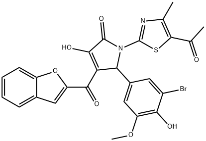 1-(5-acetyl-4-methyl-1,3-thiazol-2-yl)-4-(1-benzofuran-2-ylcarbonyl)-5-(3-bromo-4-hydroxy-5-methoxyphenyl)-3-hydroxy-1,5-dihydro-2H-pyrrol-2-one 구조식 이미지