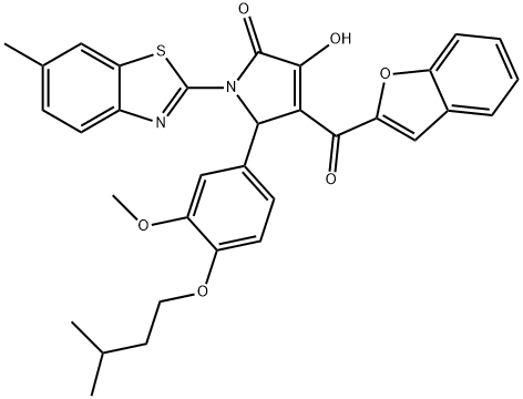 4-(1-benzofuran-2-ylcarbonyl)-3-hydroxy-5-[4-(isopentyloxy)-3-methoxyphenyl]-1-(6-methyl-1,3-benzothiazol-2-yl)-1,5-dihydro-2H-pyrrol-2-one Structure