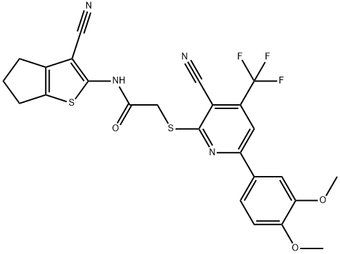 N-(3-cyano-5,6-dihydro-4H-cyclopenta[b]thien-2-yl)-2-{[3-cyano-6-(3,4-dimethoxyphenyl)-4-(trifluoromethyl)pyridin-2-yl]sulfanyl}acetamide 구조식 이미지