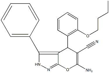 6-amino-4-(2-butoxyphenyl)-3-phenyl-2,4-dihydropyrano[2,3-c]pyrazole-5-carbonitrile 구조식 이미지
