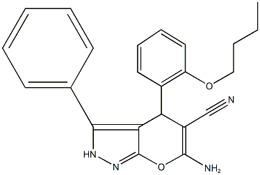 6-amino-4-(2-butoxyphenyl)-3-phenyl-2,4-dihydropyrano[2,3-c]pyrazole-5-carbonitrile Structure