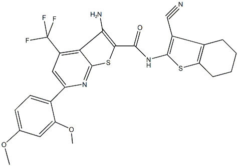 3-amino-N-(3-cyano-4,5,6,7-tetrahydro-1-benzothien-2-yl)-6-(2,4-dimethoxyphenyl)-4-(trifluoromethyl)thieno[2,3-b]pyridine-2-carboxamide Structure