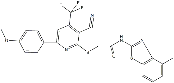 2-{[3-cyano-6-(4-methoxyphenyl)-4-(trifluoromethyl)-2-pyridinyl]sulfanyl}-N-(4-methyl-1,3-benzothiazol-2-yl)acetamide 구조식 이미지