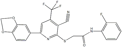 2-{[6-(1,3-benzodioxol-5-yl)-3-cyano-4-(trifluoromethyl)pyridin-2-yl]sulfanyl}-N-(2-fluorophenyl)acetamide Structure