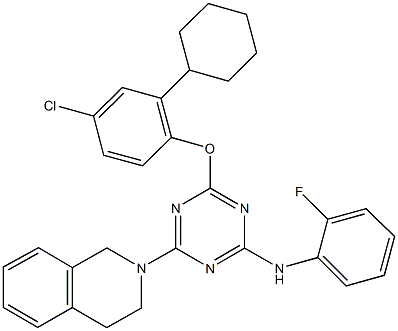 N-[4-(4-chloro-2-cyclohexylphenoxy)-6-(3,4-dihydro-2(1H)-isoquinolinyl)-1,3,5-triazin-2-yl]-N-(2-fluorophenyl)amine 구조식 이미지