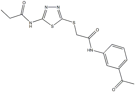 N-(5-{[2-(3-acetylanilino)-2-oxoethyl]sulfanyl}-1,3,4-thiadiazol-2-yl)propanamide 구조식 이미지