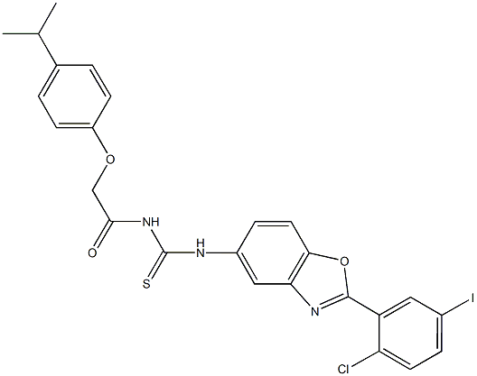 N-[2-(2-chloro-5-iodophenyl)-1,3-benzoxazol-5-yl]-N'-[(4-isopropylphenoxy)acetyl]thiourea 구조식 이미지