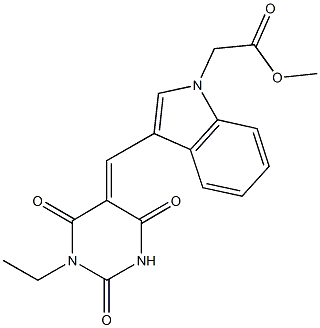 methyl {3-[(1-ethyl-2,4,6-trioxotetrahydro-5(2H)-pyrimidinylidene)methyl]-1H-indol-1-yl}acetate 구조식 이미지