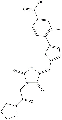 4-[5-({2,4-dioxo-3-[2-oxo-2-(1-pyrrolidinyl)ethyl]-1,3-thiazolidin-5-ylidene}methyl)-2-furyl]-3-methylbenzoic acid Structure