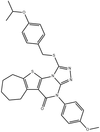 1-[(4-isopropoxybenzyl)sulfanyl]-4-(4-methoxyphenyl)-7,8,9,10-tetrahydro-6H-cyclohepta[4,5]thieno[3,2-e][1,2,4]triazolo[4,3-a]pyrimidin-5(4H)-one 구조식 이미지