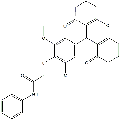 2-[2-chloro-4-(1,8-dioxo-2,3,4,5,6,7,8,9-octahydro-1H-xanthen-9-yl)-6-methoxyphenoxy]-N-phenylacetamide 구조식 이미지