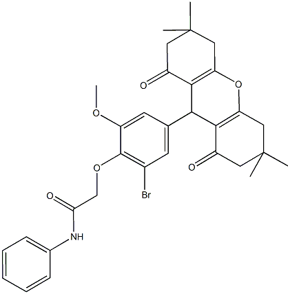 2-[2-bromo-6-methoxy-4-(3,3,6,6-tetramethyl-1,8-dioxo-2,3,4,5,6,7,8,9-octahydro-1H-xanthen-9-yl)phenoxy]-N-phenylacetamide 구조식 이미지