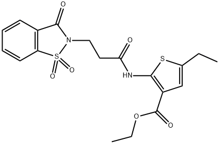 ethyl 2-{[3-(1,1-dioxido-3-oxo-1,2-benzisothiazol-2(3H)-yl)propanoyl]amino}-5-ethyl-3-thiophenecarboxylate 구조식 이미지