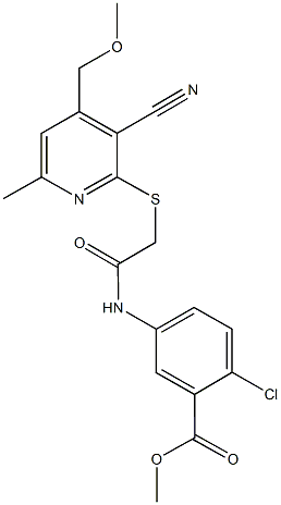 methyl 2-chloro-5-[({[3-cyano-4-(methoxymethyl)-6-methyl-2-pyridinyl]sulfanyl}acetyl)amino]benzoate 구조식 이미지