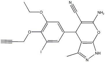 6-amino-4-[3-ethoxy-5-iodo-4-(2-propynyloxy)phenyl]-3-methyl-1,4-dihydropyrano[2,3-c]pyrazole-5-carbonitrile 구조식 이미지