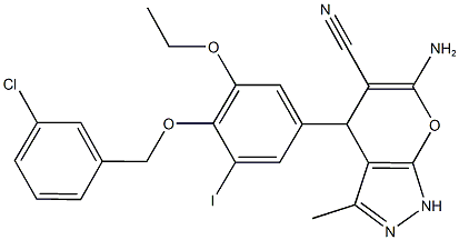 6-amino-4-{4-[(3-chlorobenzyl)oxy]-3-ethoxy-5-iodophenyl}-3-methyl-1,4-dihydropyrano[2,3-c]pyrazole-5-carbonitrile 구조식 이미지