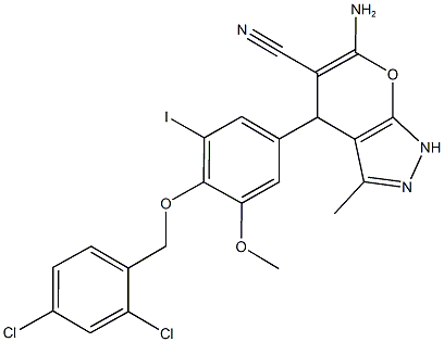 6-amino-4-{4-[(2,4-dichlorobenzyl)oxy]-3-iodo-5-methoxyphenyl}-3-methyl-1,4-dihydropyrano[2,3-c]pyrazole-5-carbonitrile 구조식 이미지