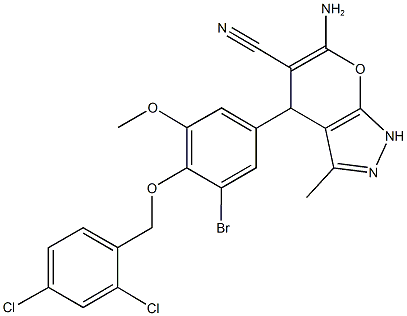 6-amino-4-{3-bromo-4-[(2,4-dichlorobenzyl)oxy]-5-methoxyphenyl}-3-methyl-1,4-dihydropyrano[2,3-c]pyrazole-5-carbonitrile Structure