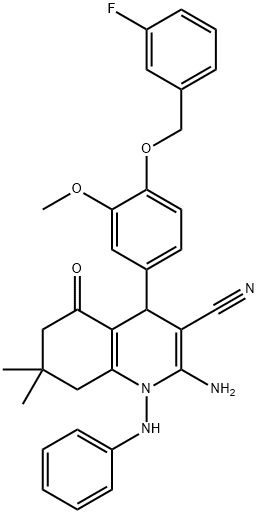 2-amino-1-anilino-4-{4-[(3-fluorobenzyl)oxy]-3-methoxyphenyl}-7,7-dimethyl-5-oxo-1,4,5,6,7,8-hexahydro-3-quinolinecarbonitrile Structure