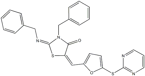 3-benzyl-2-(benzylimino)-5-{[5-(2-pyrimidinylsulfanyl)-2-furyl]methylene}-1,3-thiazolidin-4-one 구조식 이미지