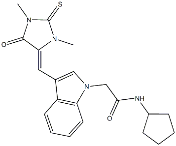 N-cyclopentyl-2-{3-[(1,3-dimethyl-5-oxo-2-thioxo-4-imidazolidinylidene)methyl]-1H-indol-1-yl}acetamide 구조식 이미지