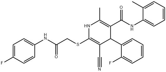 5-cyano-6-{[2-(4-fluoroanilino)-2-oxoethyl]sulfanyl}-4-(2-fluorophenyl)-2-methyl-N-(2-methylphenyl)-1,4-dihydro-3-pyridinecarboxamide 구조식 이미지