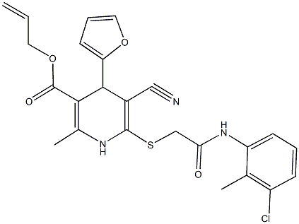 allyl 6-{[2-(3-chloro-2-methylanilino)-2-oxoethyl]sulfanyl}-5-cyano-4-(2-furyl)-2-methyl-1,4-dihydro-3-pyridinecarboxylate 구조식 이미지