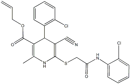 allyl 6-{[2-(2-chloroanilino)-2-oxoethyl]sulfanyl}-4-(2-chlorophenyl)-5-cyano-2-methyl-1,4-dihydro-3-pyridinecarboxylate 구조식 이미지