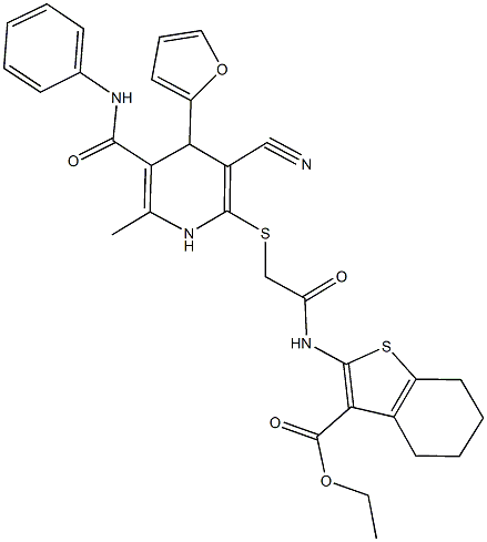 ethyl 2-[({[5-(anilinocarbonyl)-3-cyano-4-(2-furyl)-6-methyl-1,4-dihydro-2-pyridinyl]sulfanyl}acetyl)amino]-4,5,6,7-tetrahydro-1-benzothiophene-3-carboxylate 구조식 이미지