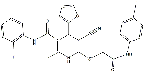 5-cyano-N-(2-fluorophenyl)-4-(2-furyl)-2-methyl-6-{[2-oxo-2-(4-toluidino)ethyl]sulfanyl}-1,4-dihydro-3-pyridinecarboxamide Structure