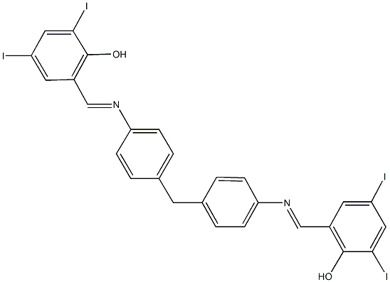 2-{[(4-{4-[(2-hydroxy-3,5-diiodobenzylidene)amino]benzyl}phenyl)imino]methyl}-4,6-diiodophenol Structure