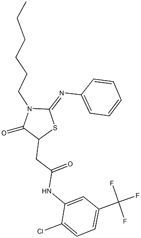 N-[2-chloro-5-(trifluoromethyl)phenyl]-2-[3-hexyl-4-oxo-2-(phenylimino)-1,3-thiazolidin-5-yl]acetamide Structure