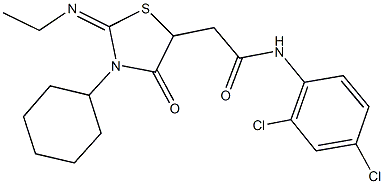 2-[3-cyclohexyl-2-(ethylimino)-4-oxo-1,3-thiazolidin-5-yl]-N-(2,4-dichlorophenyl)acetamide 구조식 이미지