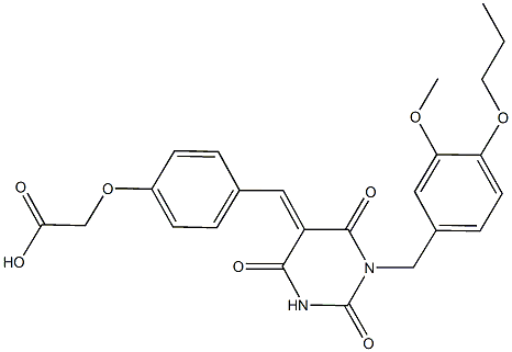 {4-[(1-(3-methoxy-4-propoxybenzyl)-2,4,6-trioxotetrahydro-5(2H)-pyrimidinylidene)methyl]phenoxy}acetic acid 구조식 이미지