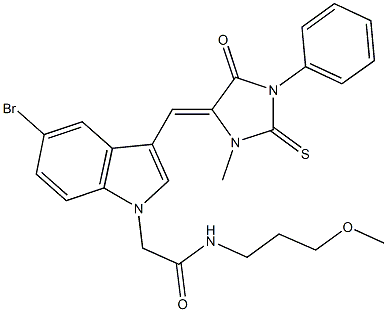 2-{5-bromo-3-[(3-methyl-5-oxo-1-phenyl-2-thioxo-4-imidazolidinylidene)methyl]-1H-indol-1-yl}-N-(3-methoxypropyl)acetamide 구조식 이미지