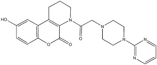 9-hydroxy-4-{[4-(2-pyrimidinyl)-1-piperazinyl]acetyl}-1,2,3,4-tetrahydro-5H-chromeno[3,4-b]pyridin-5-one 구조식 이미지