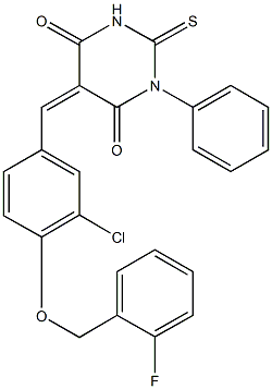 5-{3-chloro-4-[(2-fluorobenzyl)oxy]benzylidene}-1-phenyl-2-thioxodihydro-4,6(1H,5H)-pyrimidinedione Structure