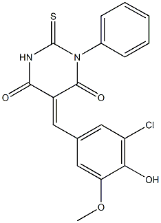 5-(3-chloro-4-hydroxy-5-methoxybenzylidene)-1-phenyl-2-thioxodihydro-4,6(1H,5H)-pyrimidinedione Structure