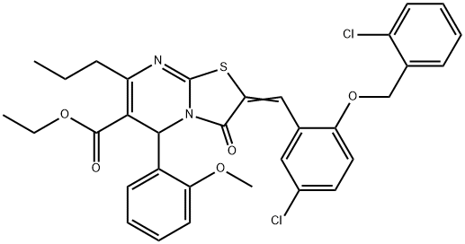 ethyl 2-{5-chloro-2-[(2-chlorobenzyl)oxy]benzylidene}-5-(2-methoxyphenyl)-3-oxo-7-propyl-2,3-dihydro-5H-[1,3]thiazolo[3,2-a]pyrimidine-6-carboxylate Structure