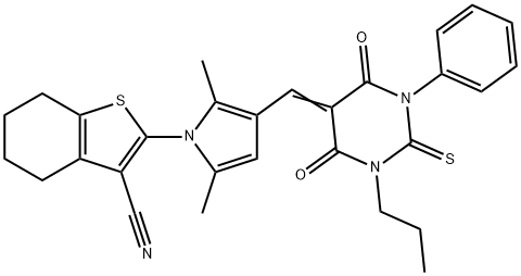 2-{3-[(4,6-dioxo-1-phenyl-3-propyl-2-thioxotetrahydro-5(2H)-pyrimidinylidene)methyl]-2,5-dimethyl-1H-pyrrol-1-yl}-4,5,6,7-tetrahydro-1-benzothiophene-3-carbonitrile 구조식 이미지
