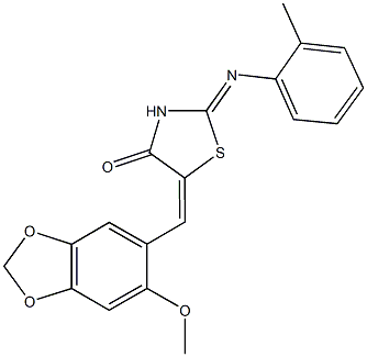 5-[(6-methoxy-1,3-benzodioxol-5-yl)methylene]-2-[(2-methylphenyl)imino]-1,3-thiazolidin-4-one 구조식 이미지