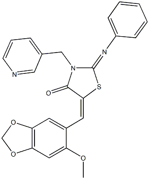 5-[(6-methoxy-1,3-benzodioxol-5-yl)methylene]-2-(phenylimino)-3-(3-pyridinylmethyl)-1,3-thiazolidin-4-one 구조식 이미지