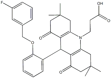 3-(9-{2-[(3-fluorobenzyl)oxy]phenyl}-3,3,6,6-tetramethyl-1,8-dioxo-2,3,4,5,6,7,8,9-octahydro-10(1H)-acridinyl)propanoic acid 구조식 이미지