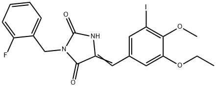 5-(3-ethoxy-5-iodo-4-methoxybenzylidene)-3-(2-fluorobenzyl)-2,4-imidazolidinedione 구조식 이미지