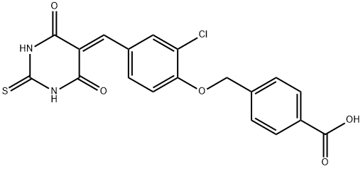 4-({2-chloro-4-[(4,6-dioxo-2-thioxotetrahydro-5(2H)-pyrimidinylidene)methyl]phenoxy}methyl)benzoic acid Structure