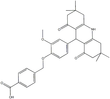 4-{[2-methoxy-4-(3,3,6,6-tetramethyl-1,8-dioxo-1,2,3,4,5,6,7,8,9,10-decahydro-9-acridinyl)phenoxy]methyl}benzoic acid 구조식 이미지