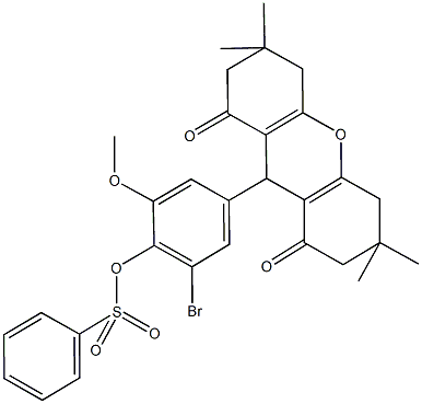 2-bromo-6-methoxy-4-(3,3,6,6-tetramethyl-1,8-dioxo-2,3,4,5,6,7,8,9-octahydro-1H-xanthen-9-yl)phenyl benzenesulfonate Structure